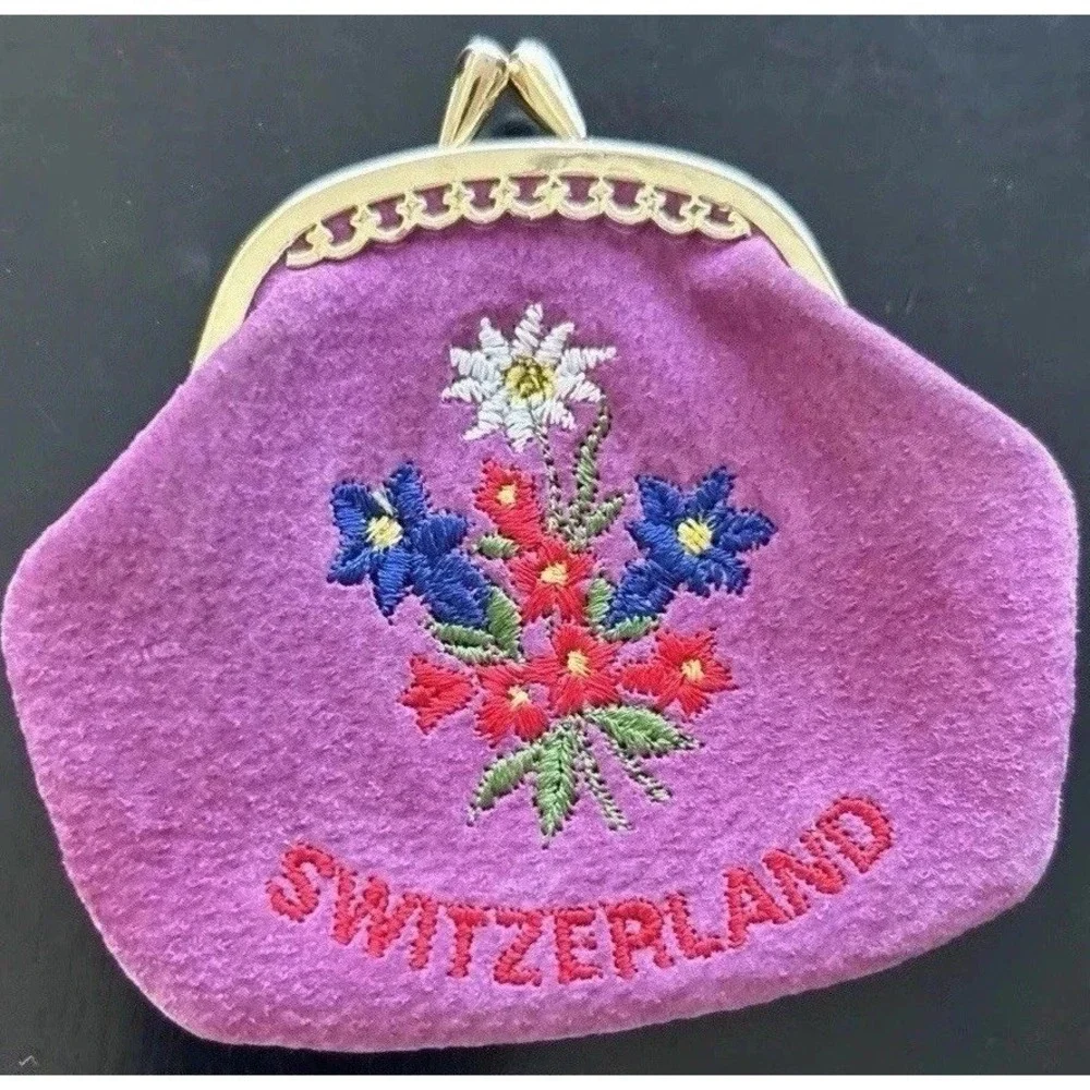Coin Purse Purple Leather Kiss Close Small Switzerland Floral Print Embroidered